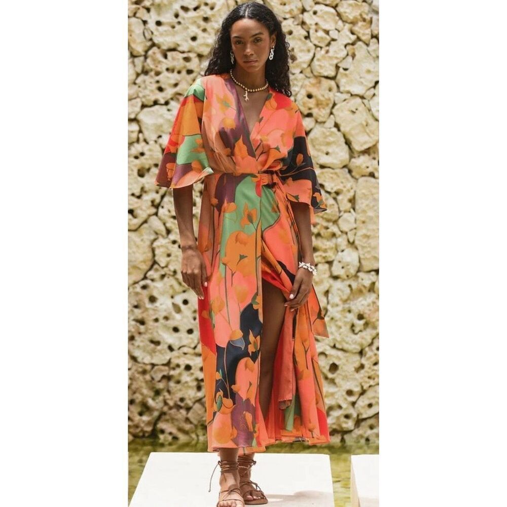 NWT HUTCH Lyna Floral Wrap Maxi Dress, Orange Multi, XS $298